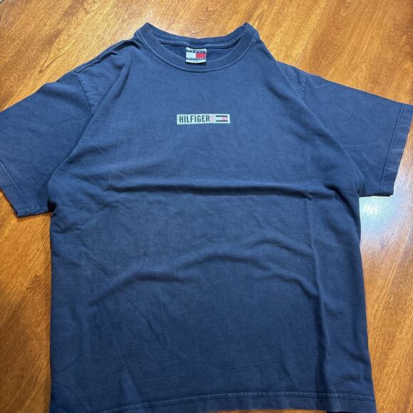 Tommy Hilfiger T-Shirt L Navy Blue Flag Logo Streetwear Y2K Vintage Tee - Picture 1 of 6